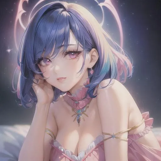 Prompt: (masterpiece, illustration, best quality:1.2), short trimmed blue hair, angelic like, pink eyes, wearing pink silky nightgown, best quality face, best quality, best quality skin, best quality eyes, best quality lips, ultra-detailed eyes, ultra-detailed hair, ultra-detailed, illustration, colorful, soft glow, 1 girl
