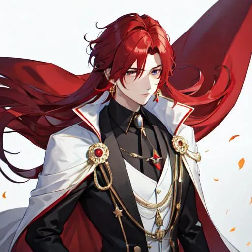 Prompt: Zerif 1male (Red side-swept hair covering his right eye) wearing a black royal suit, white cape, 