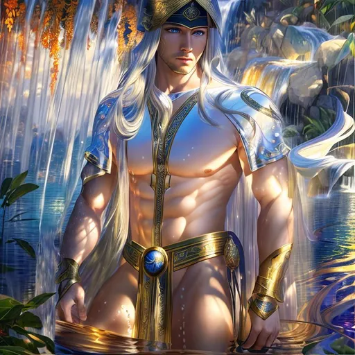 Prompt: Heroic, Epic, Stunning, Vivid, 3D HD dramatic cinematic [({one}{(Beautiful benevolent {god}male liquid silk, Beautiful big reflective eyes, long flowing hair}, expansive magical waterfall background, hyper realistic, 8K --s98500