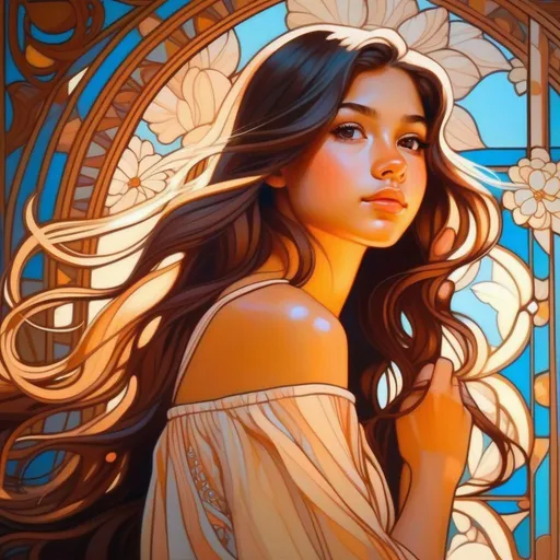 Prompt: Upper body portrait of Cute girl, 18 years old, brown long hair, tan skin, sundress, intricate, detailed face. by Ilya Kuvshinov and Alphonse Mucha. Dreamy, sparkles