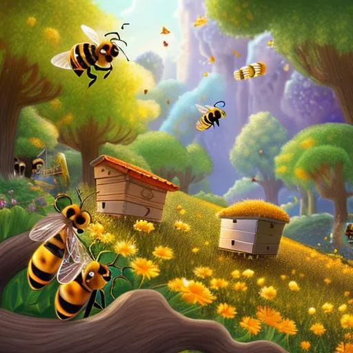 Prompt: honey collector, bees, woods, colony, anime, bees, animation characters, queen, bad wasp, stealing from the colony