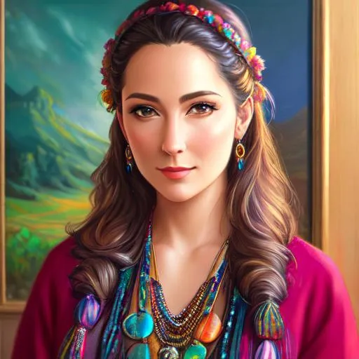 Prompt: oil painting, UHD,  8k, Very detailed, panned out view, whole character, female adult, visible face, hippy clothing
