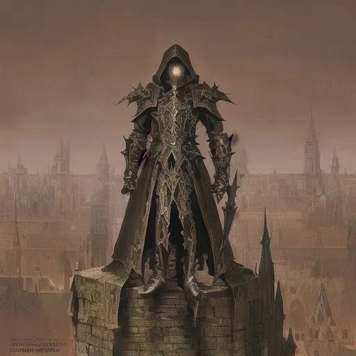 Prompt: photo a closeup of a single hooded armored cleric man standing on a building in an ancient gothic city, dark fantasy, drawn by Anthony Chong Jones, centered, intricate, elegant, masterpiece, highly detailed, concept art, smooth, sharp focus, character design, gothic, by Shi Zhonggui, art style of marc simonetti, necromancy, intricate depth and detail, character centered on image, book cover