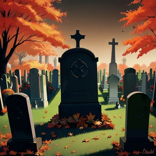 Prompt: draw a fall cemetery, dark toned