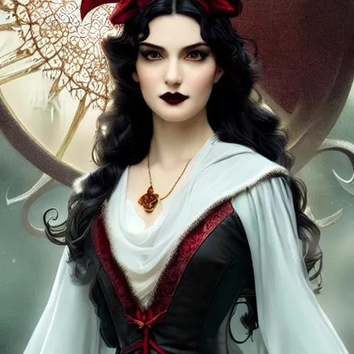 Prompt: Snow White as a vampire queen, with curly wavy very dark brown hair, green eyes, straight nose, full lips, gothic, dark, horror, intricate, elegant, highly detailed, digital painting, artstation, concept art, smooth, sharp focus, illustration, art by artgerm and greg rutkowski and alphonse mucha and william bouguereau, crimson peak by Guillermo del Toro