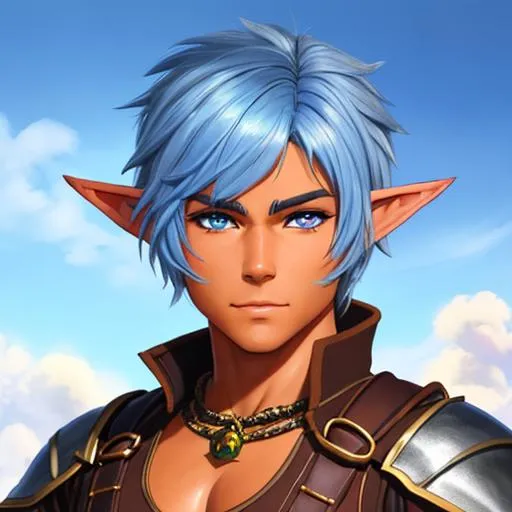 Prompt: oil painting, D&D fantasy, tanned-skinned-gnome man, tanned-skinned-male, short, short bright brown and blue hair, cropped hair, ready for battle, pointed ears, looking at the viewer, warrior wearing intricate armor outfit, #3238, UHD, hd , 8k eyes, detailed face, big anime dreamy eyes, 8k eyes, intricate details, insanely detailed, masterpiece, cinematic lighting, 8k, complementary colors, golden ratio, octane render, volumetric lighting, unreal 5, artwork, concept art, cover, top model, light on hair colorful glamourous hyperdetailed medieval city background, intricate hyperdetailed breathtaking colorful glamorous scenic view landscape, ultra-fine details, hyper-focused, deep colors, dramatic lighting, ambient lighting god rays, flowers, garden | by sakimi chan, artgerm, wlop, pixiv, tumblr, instagram, deviantart