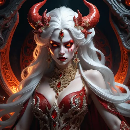 Prompt: Female demon, striking red skin, flowing white hair, adorned in lavish, intricate royal attire, exuding an air of power and elegance, adorned with ornate jewelry and accessories, set against a dramatic, shadowy background, evoking a sense of mystique and allure, high detail, vibrant colors, fantasy realm ambiance.