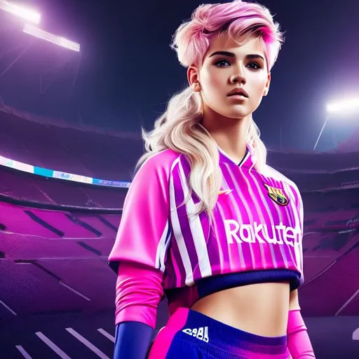 Prompt: Full body Portrait of {A teenager} with {pink} hair and with cute face, {At the Spanish FC Barcelona stadium}, full body, perfect composition, hyperrealistic, super detailed, 8k, high quality, trending art, trending on artstation, sharp focus, studio photo, intricate details, highly detailed.