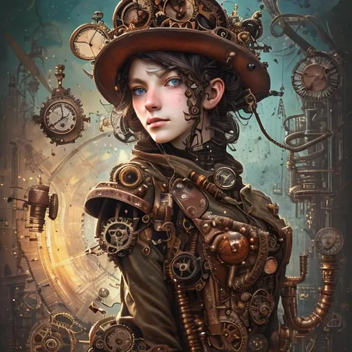 Prompt:  teenage  detailed photograph of a beautiful steampunk lady, clockpunk, dynamic pose, clear skin doe eyes, sharp focus, copper, cogs, gold, leather, straps, vintage goggles, vintage hat, beautiful 1800s dress, :: hyperdetailed painting by Ismail Inceoglu Jim Burns and Nicoletta Ceccoli CGSociety ZBrush Central:: sunstreaks