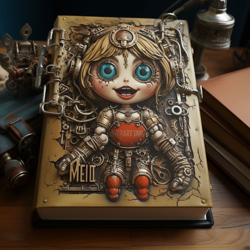 Prompt: the cover to a book about a big fat dolllike doll, in the style of explosive expressionism, satirical caricature, chinapunk, sgrafitto, bryce 3d, oil on copper, wimmelbilder