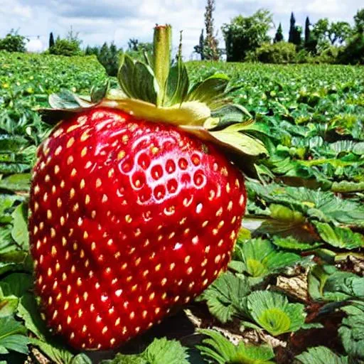 Prompt: huge strawberry in a garden
