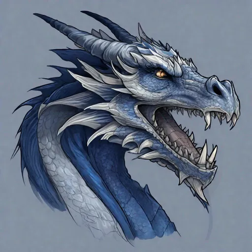 Prompt: Concept design of a dragon. Dragon head portrait. Coloring in the dragon is predominantly dark blue with subtle silver streaks and details present.