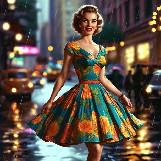 Prompt: an elegant woman of the 50's in a colorful dress is walking down the street in the rain on a rainy day in a city, Artgerm, kitsch movement, highly detailed digital painting, a photorealistic painting