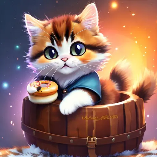 Prompt: a cat with Calico fur holding a donut on horseback cute chibi intense high quality art high quality shading high quality lighting dramatic lighting ultra 4K HD quality 3D art 3D art 3D art