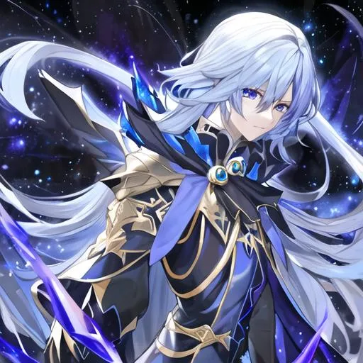 Prompt: Sapphire blue asassin cloak cloak, long galactic hair, gold eyes, male, black wings, 8k