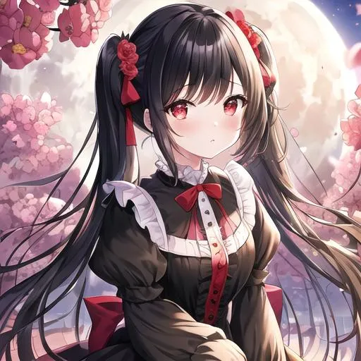 Prompt: (masterpiece, best quality:1.2), illustration, absurdres, highres, extremely detailed, 1 girl, black long hair, pigtail, red eyes, eye highlights, look mean, dress, short puffy sleeves, frills, outdoors, flower, fluttering petals, upper body, (moon:1.2), night, depth of field, (:d:0.8), chromatic aberration abuse,pastel color, Depth of field,garden of the sun,shiny,red tint,(Red fog:1.3)