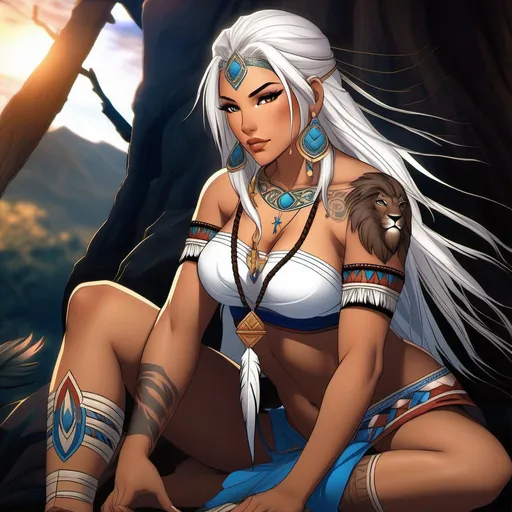 Prompt: young native america goddess, busty, long white hair, (scars), (tattoos). Full body zoom-out. Prefect face. Exotic beauty. muscles. Elvin features. Lions. (visible toes),(petite), (short), anime