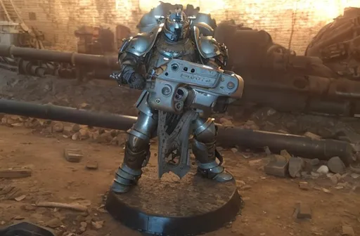 Prompt: dirty, tough, dieselpunk, baroque adornment, powerarmor, knight, Heavy Gun, Good Proportions, wearing greaves, advertising photography, soft light, Sigmarine