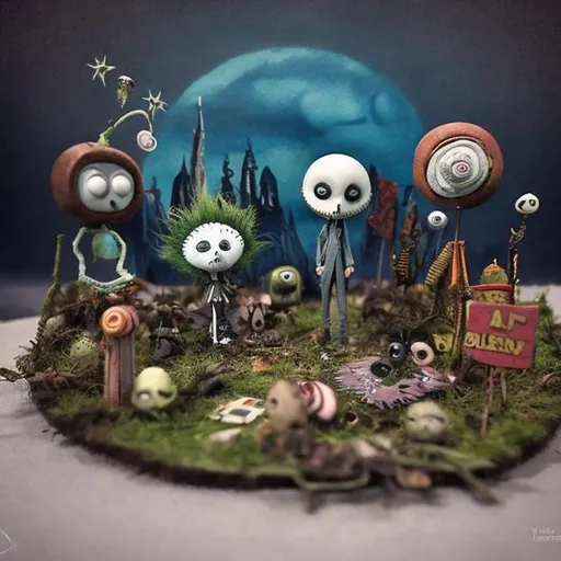 Prompt: Strange diorama in the style of Tim Burton 