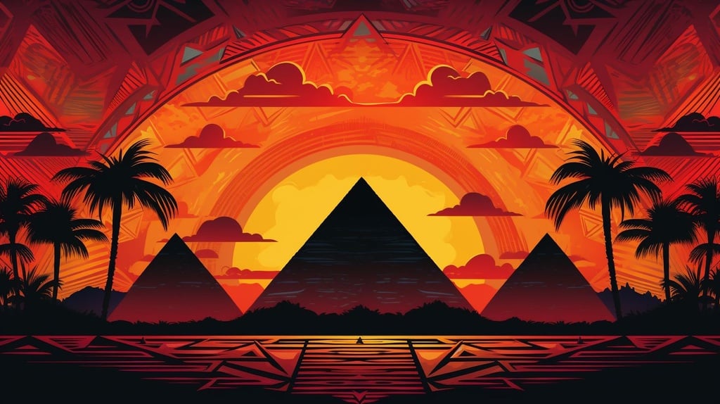 Prompt: pyramids in front of a sunset in style of aztec art x aztec art patterns