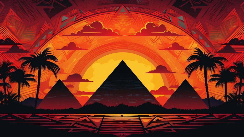 Prompt: pyramids in front of a sunset in style of aztec art x aztec art patterns