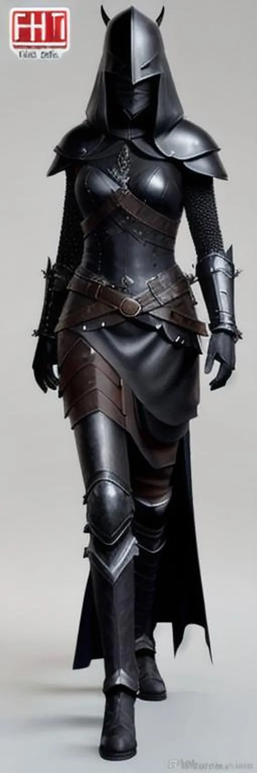 Prompt: Create a 3D digital art character of a sinister Viking woman wearing black armor, a long black cloak down to the feet, and an armored mask. The character should also be wearing a black helmet that fully encases her head, with no part of her face or eyes visible