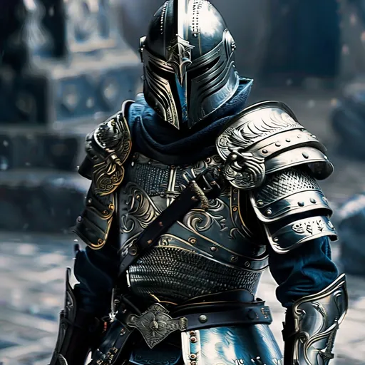 Prompt: (Holy Warrior in armor holding sword), medieval guardian, upper body, melancholic emotion, detailed medieval armor, ancient guardian, solemn expression, cinematic masterpiece, dramatic shadows, cool tones with deep blues and greys, intricate armor details, metal textures, battle-worn attire, rugged background with ruins, misty atmosphere, ultra-detailed, 4K, high contrast lighting, highly realistic.