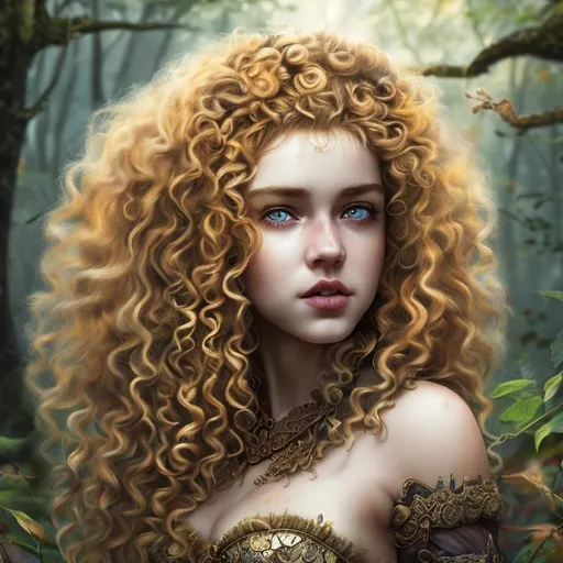 Prompt: mistress of the forest, girl with blonde hair, curly hair, queen of animals, ultrarealism, Full hd 