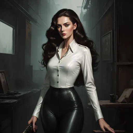 Prompt: digital painting concept art "the mistress" by ((Greg Rutkowski)), gritty noir, 1950s style, supermodel woman with green eyes and (long curly brunette hair), white blouse, black leather leggings