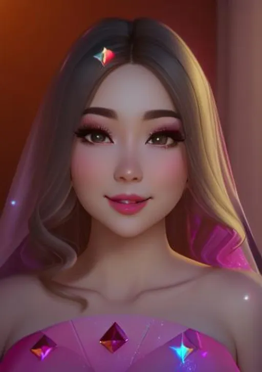 Prompt: Beautiful  happy and sweet and joyful girl { raw photo }of warm glaze, silk, veil, wearing vaporous diamantine night dress, discrete make up, glowing up, light sparkles, drapping,  big lips, pink cheeks,  aquous, translucid, unreal engine 8k octane, 3d lightning, stellar, quartz, gem rain, soft white skin, long wavy hair, nice smile, luminous chest, fantasy