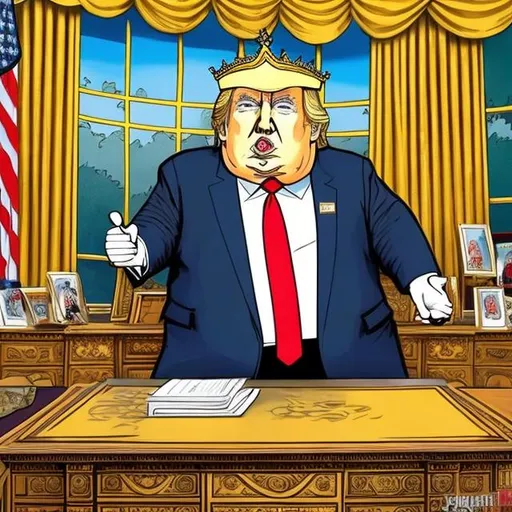Prompt: Obese Trump as king with a golden crown with sapphire on his head at his desk, too long red tie + dark-blue suit, Oval Office scene, Sergio Aragonés MAD Magazine cartoon style 