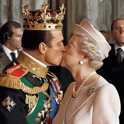 Prompt: italian president silvio berlusconi kissing queen elizabeth 2th in the heaven