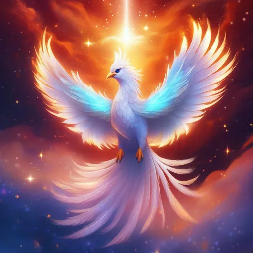 Prompt: portrait of an elegant snowy phoenix that is glowing, glistening flowing fiery feathers, translucent, luminescent, illusion, flying among a nebula of clouds, sunrise, beneath the stars,  bioluminescent, highres, best quality, concept art, digital art, 8k, highly detailed, vibrant, professional, UHD