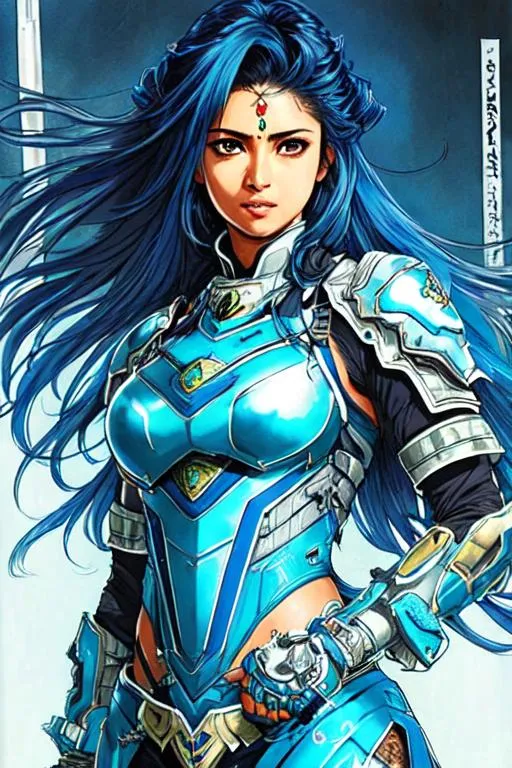 Prompt: (((Yoji Shinkawa))), sticker of ultra detailed portrait of Sadaf Mohammed Sayed  (Indian actress who mainly appears in Telugu, Tamil, and Kannada films)in blue holy armor, blue long hair, high quality cell shaded illustration in post apocalyptic style by Yoji Shinkawa, ((full body portrait)), dynamic pose, perfect anatomy, centered, freedom, soul, blue long hair, approach to perfection, cell shading, 4k , cinematic dramatic atmosphere, watercolor painting, global illumination, detailed and intricate environment, artstation, concept art, fluid and sharp focus, volumetric lighting, cinematic lighting, Art by Yoji Shinkawa,