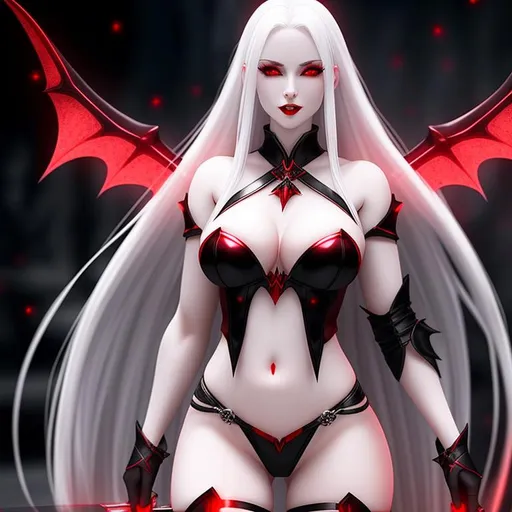 Prompt: unreal engine, (((perfect body))), hyperdetailed photography, a female vampire with glowing red eyes and extremely pale skin, white hair, showing white fangs, perfect anatomy, perfect beauty, standing in Valhalla