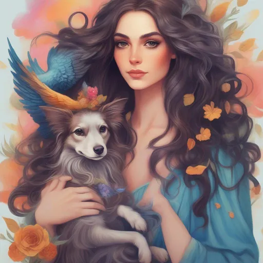 Prompt: A colourful and beautiful Persephone, brunette hair and with her hair being made out of magic, with her pet Griffon in a painted style