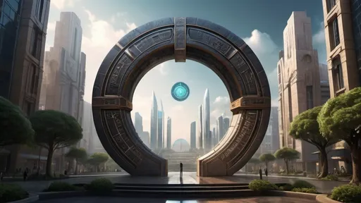 Prompt: magical portal between cities realms worlds kingdoms, circular portal, ring standing on edge, upright ring, freestanding ring, hieroglyphs on ring, complete ring, ancient babylonian architecture, gardens, hotels, office buildings, shopping malls, large wide-open city plaza, turned sideways view, futuristic cyberpunk tech-noir setting