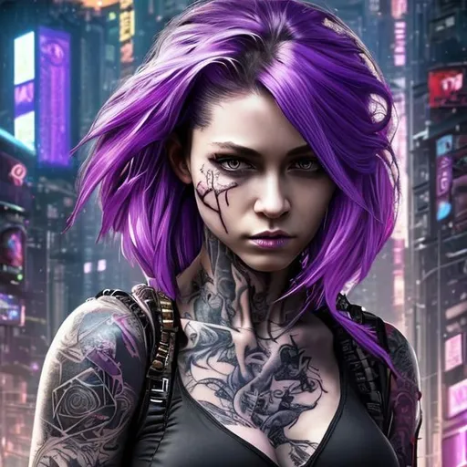 Prompt: ((best quality)), ((masterpiece)), ((realistic)), (detailed), woman, sfw, arm tattoo, cyberpunk fashion, long hair, Short pixie with straight hair and undercut, big purple eyes, (looking at viewer:1. 2), (high angle shot:1. 3), colorful tattoos, pink hair, detailed background, in the night city, portrait, smiling, seductive look, night, close up face shot, soft lights, 8k, realistic, Nikon z9, raytracing, focus face