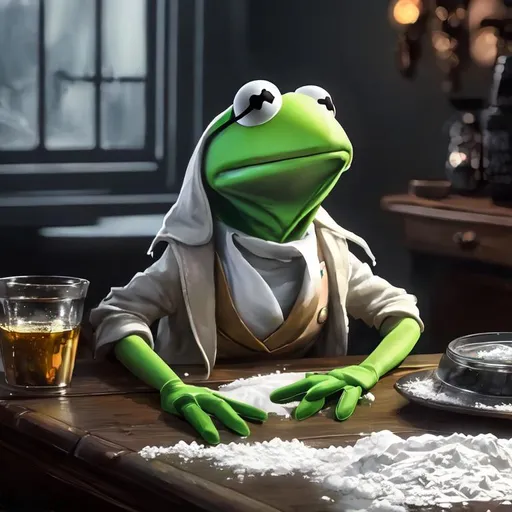 Prompt: {{{{highest quality concept art masterpiece}}}} Kermit the frog using cocaine, sitting at a table, cocaine on the table,  high on cocaine, digital drawing oil painting, 128k UHD HDR, lines of cocaine, drugs, cocaine lines, hyperrealistic intricate, comic (HDR, UHD, 64k, best quality, RAW photograph, best quality, masterpiece:1.5),Kermit the frog, sitting a table, doing lines of cocaine. Ultra realistic high definition .  {{{{highest quality concept art masterpiece}}}} digital drawing oil painting, 128k UHD HDR, hyperrealistic intricate.