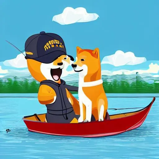 Prompt: Shiba Inu hi def, dressed as a fisherman, fishing in a rowboat on a lake, cartoon style