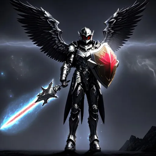 Prompt: paladin man, spectral wings, black wings, morning sky, grey, gold, red, hd, alone, dramatic, complete sword, open helmet, large shield on left arm, floor, straight, god rays, space nebula