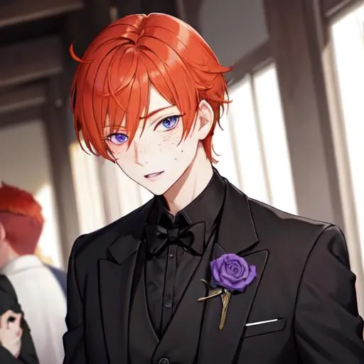 Prompt: Erikku 1male (short ginger hair, freckles, right eye blue left eye purple) wearing black suit at a wedding