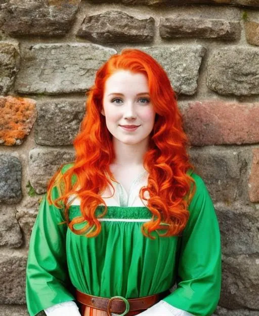 Prompt: A redhead irish young woman, medieval style, fishmonger, long wavy wet hair, long green and orange medieval dress