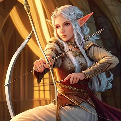 Elven female mage holding a bow and arrow, protectin... | OpenArt