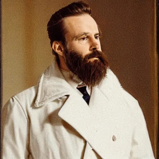 Prompt: Bearded middle aged man with a white coat