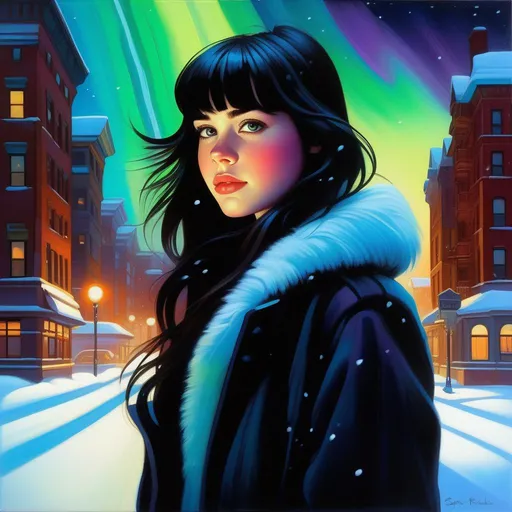 Prompt: Facial portrait of a 13 years old girl, pale skin, black hair, bangs, dark brown eyes, snowstorm, wind, aurora borealis, urban setting, neon, stylized font, cartoony style, extremely detailed painting by Greg Rutkowski and by Henry Justice Ford and by Steve Henderson
