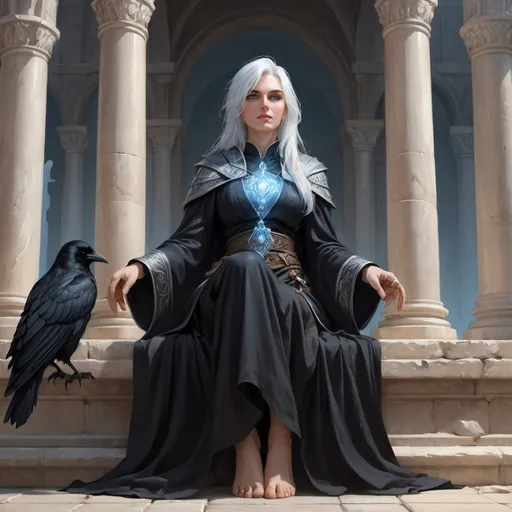 Prompt: Full body, Fantasy illustration of a female cleric, 30 years old, slim, elegant black robe, extrem pallid, white hair, light blue eyes, obsessed expression, raven sitting nearby, high quality, rpg-fantasy, detailed, roman style fantasy temple background