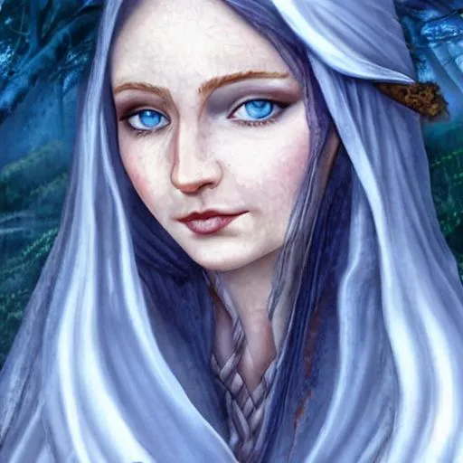 Prompt: Blue eyed woman Ancient elvish Tolkien elven beautiful Celtic lore maiden 