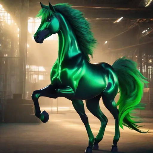 Prompt: horse animatronic hybrid, with focused emerald eyes. They identify as a Male. Emerald colored feathery tail. dark Green ombre mane and tail. UHD, HD, 4K, green haze, anime style, green and black coat