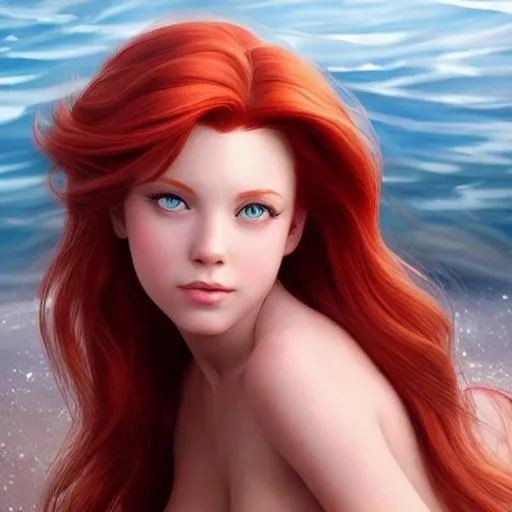 Prompt: beautiful, cartoon to real life, ariel from disney's the little mermaid, hyper realistic, portrait, highly detailed, digital painting, artstation, concept art, sharp focus, illustration, 3d life like